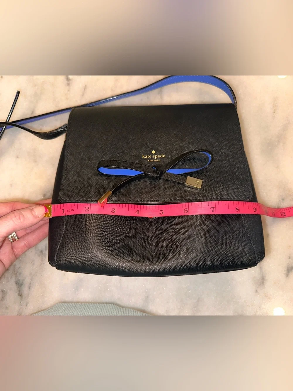 Kate Spade Bow Details Black Leather Crossbody with Blue Accents